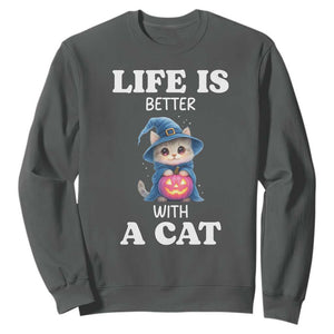Halloween Kitty Sweatshirt Cute Life Is Better With A Cat TS12 Dark Heather Print Your Wear