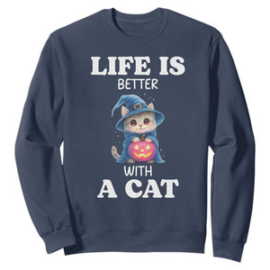Halloween Kitty Sweatshirt Cute Life Is Better With A Cat TS12 Navy Print Your Wear