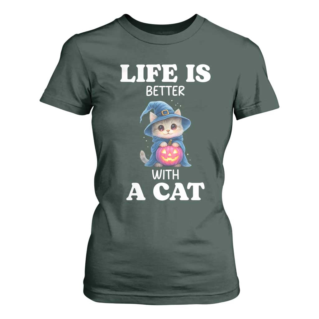 Halloween Kitty T Shirt For Women Cute Life Is Better With A Cat TS12 Dark Forest Green Print Your Wear