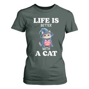 Halloween Kitty T Shirt For Women Cute Life Is Better With A Cat TS12 Dark Forest Green Print Your Wear