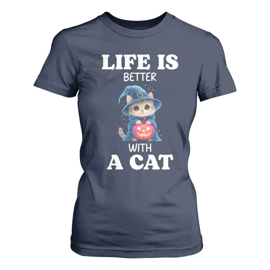 Halloween Kitty T Shirt For Women Cute Life Is Better With A Cat TS12 Navy Print Your Wear