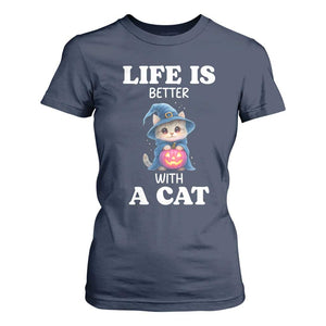 Halloween Kitty T Shirt For Women Cute Life Is Better With A Cat TS12 Navy Print Your Wear