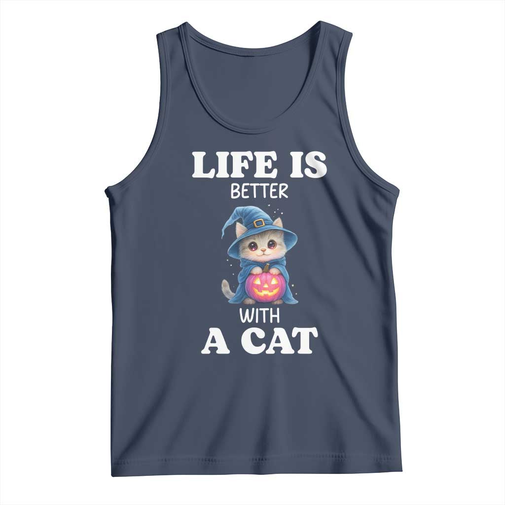 Halloween Kitty Tank Top Cute Life Is Better With A Cat TS12 Navy Print Your Wear