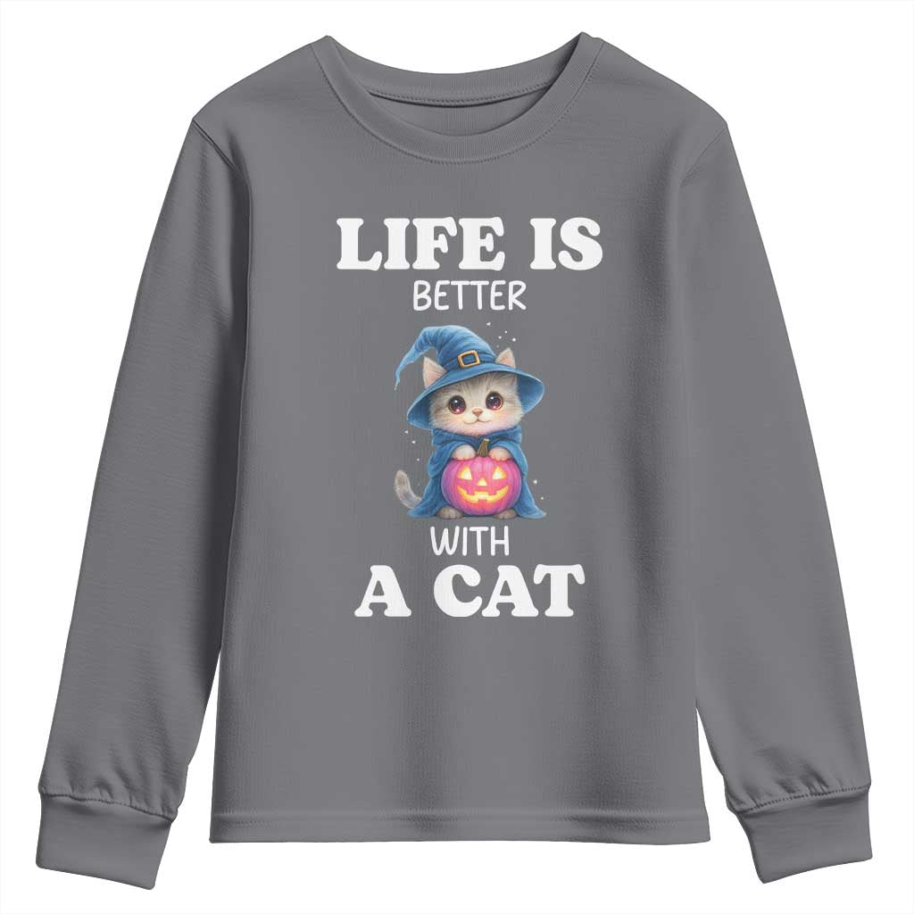 Halloween Kitty Youth Sweatshirt Cute Life Is Better With A Cat TS12 Charcoal Print Your Wear