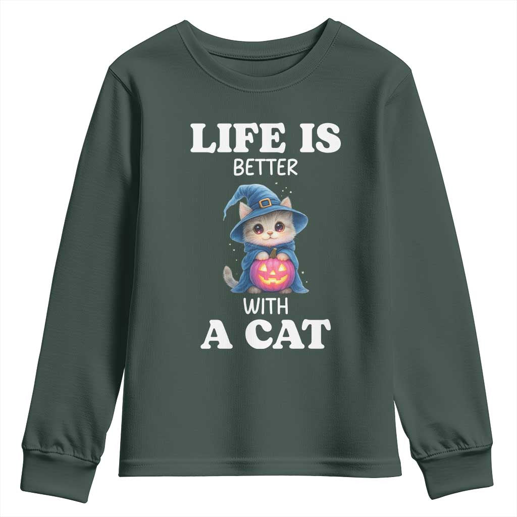 Halloween Kitty Youth Sweatshirt Cute Life Is Better With A Cat TS12 Dark Forest Green Print Your Wear