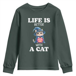 Halloween Kitty Youth Sweatshirt Cute Life Is Better With A Cat TS12 Dark Forest Green Print Your Wear