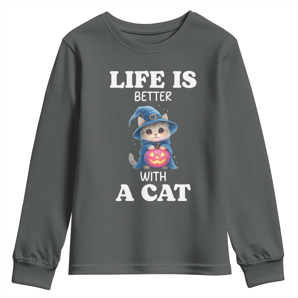 Halloween Kitty Youth Sweatshirt Cute Life Is Better With A Cat TS12 Dark Heather Print Your Wear