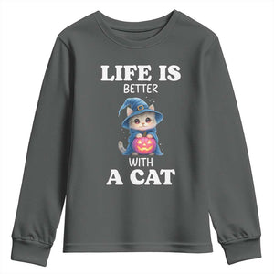 Halloween Kitty Youth Sweatshirt Cute Life Is Better With A Cat TS12 Dark Heather Print Your Wear