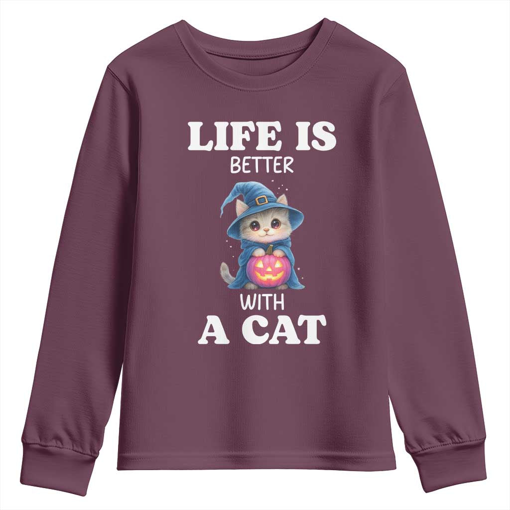 Halloween Kitty Youth Sweatshirt Cute Life Is Better With A Cat TS12 Maroon Print Your Wear