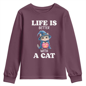 Halloween Kitty Youth Sweatshirt Cute Life Is Better With A Cat TS12 Maroon Print Your Wear