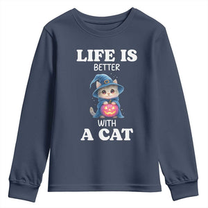 Halloween Kitty Youth Sweatshirt Cute Life Is Better With A Cat TS12 Navy Print Your Wear