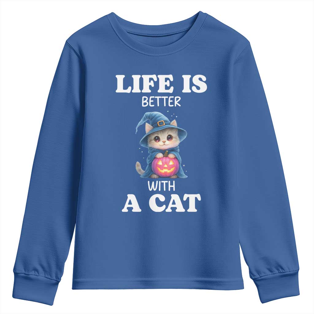 Halloween Kitty Youth Sweatshirt Cute Life Is Better With A Cat TS12 Royal Blue Print Your Wear
