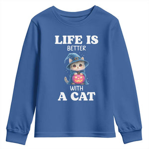 Halloween Kitty Youth Sweatshirt Cute Life Is Better With A Cat TS12 Royal Blue Print Your Wear