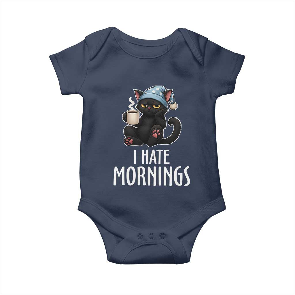 Funny I Hate Mornings Baby Onesie Cute Lazy Cat Drink Coffee TS12 Navy Print Your Wear