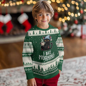 Funny I Hate Mornings Ugly Christmas Sweater Cute Lazy Cat Drink Coffee TS12 Forest Green Beige Print Your Wear