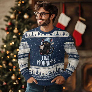Funny I Hate Mornings Ugly Christmas Sweater Cute Lazy Cat Drink Coffee TS12 Navy Beige Print Your Wear