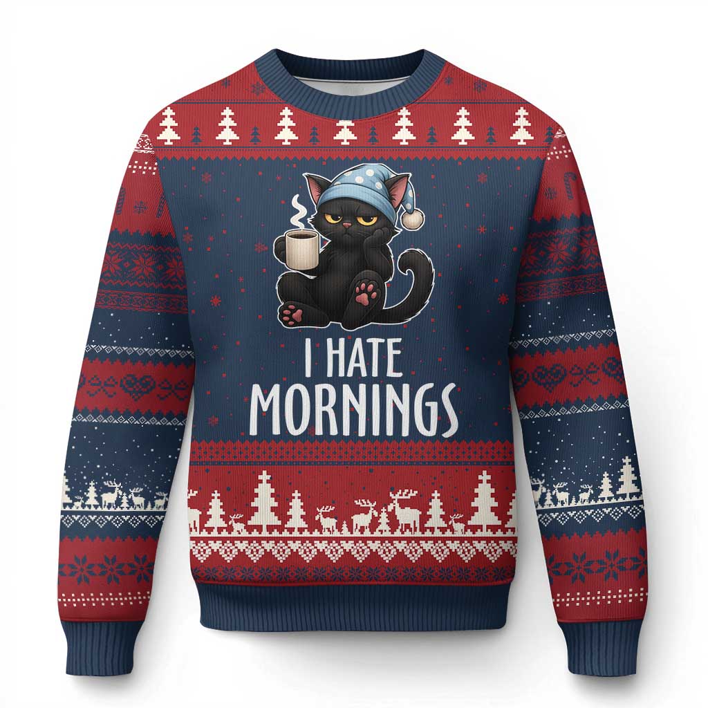 Funny I Hate Mornings Ugly Christmas Sweater Cute Lazy Cat Drink Coffee TS12 Navy Red Print Your Wear