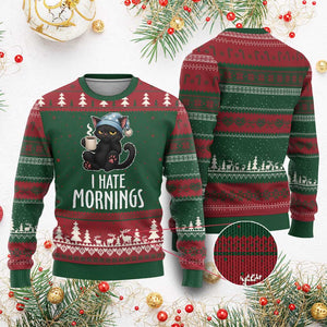 Funny I Hate Mornings Ugly Christmas Sweater Cute Lazy Cat Drink Coffee TS12 Red Green Print Your Wear