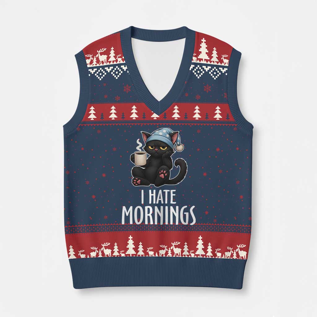 Funny I Hate Mornings V-Neck Knit Sweater Vest Cute Lazy Cat Drink Coffee TS12 Navy Red Print Your Wear