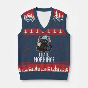 Funny I Hate Mornings V-Neck Knit Sweater Vest Cute Lazy Cat Drink Coffee TS12 Navy Red Print Your Wear