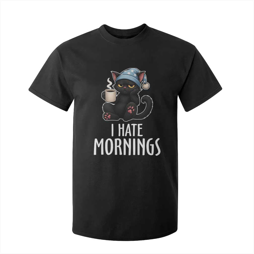 Funny I Hate Mornings T Shirt For Kid Cute Lazy Cat Drink Coffee TS12 Black Print Your Wear