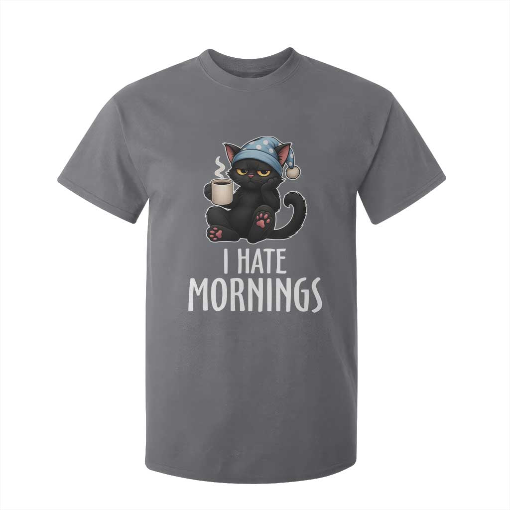 Funny I Hate Mornings T Shirt For Kid Cute Lazy Cat Drink Coffee TS12 Charcoal Print Your Wear