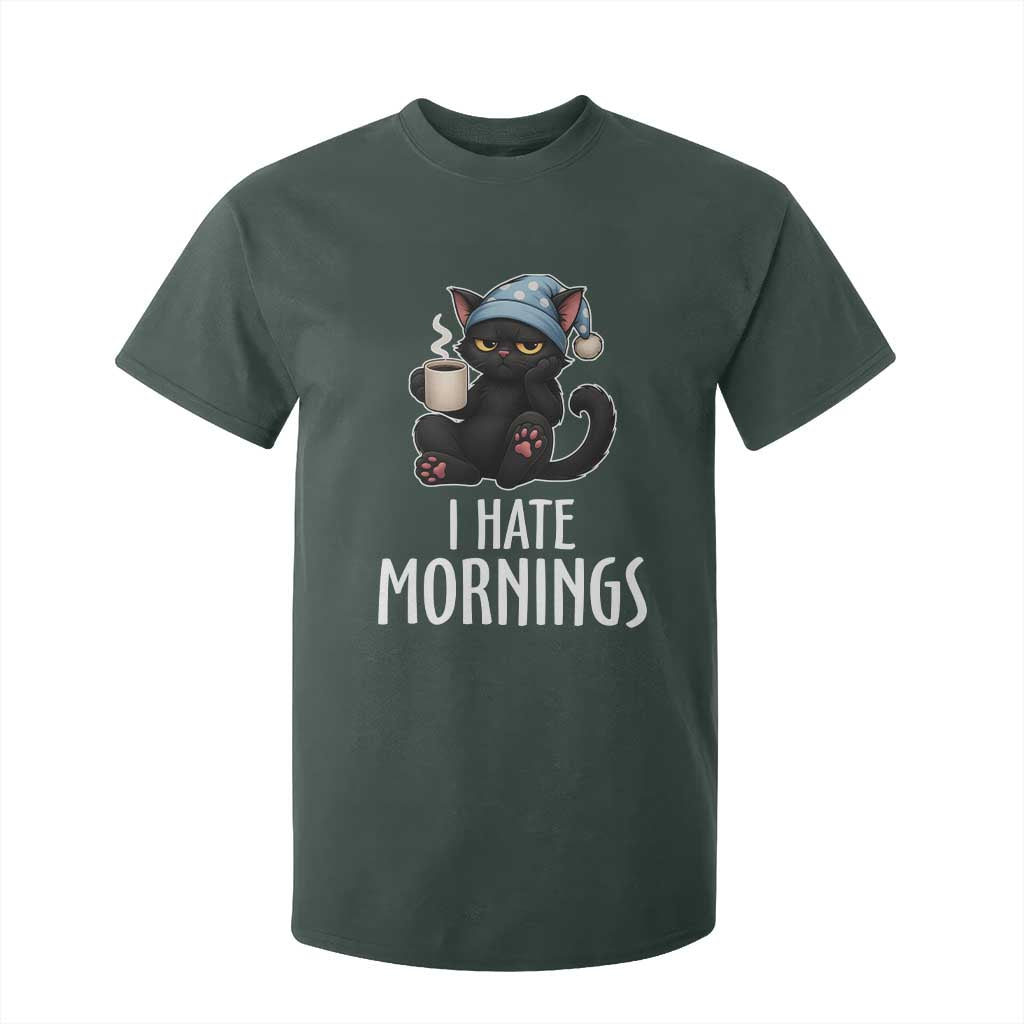 Funny I Hate Mornings T Shirt For Kid Cute Lazy Cat Drink Coffee TS12 Dark Forest Green Print Your Wear