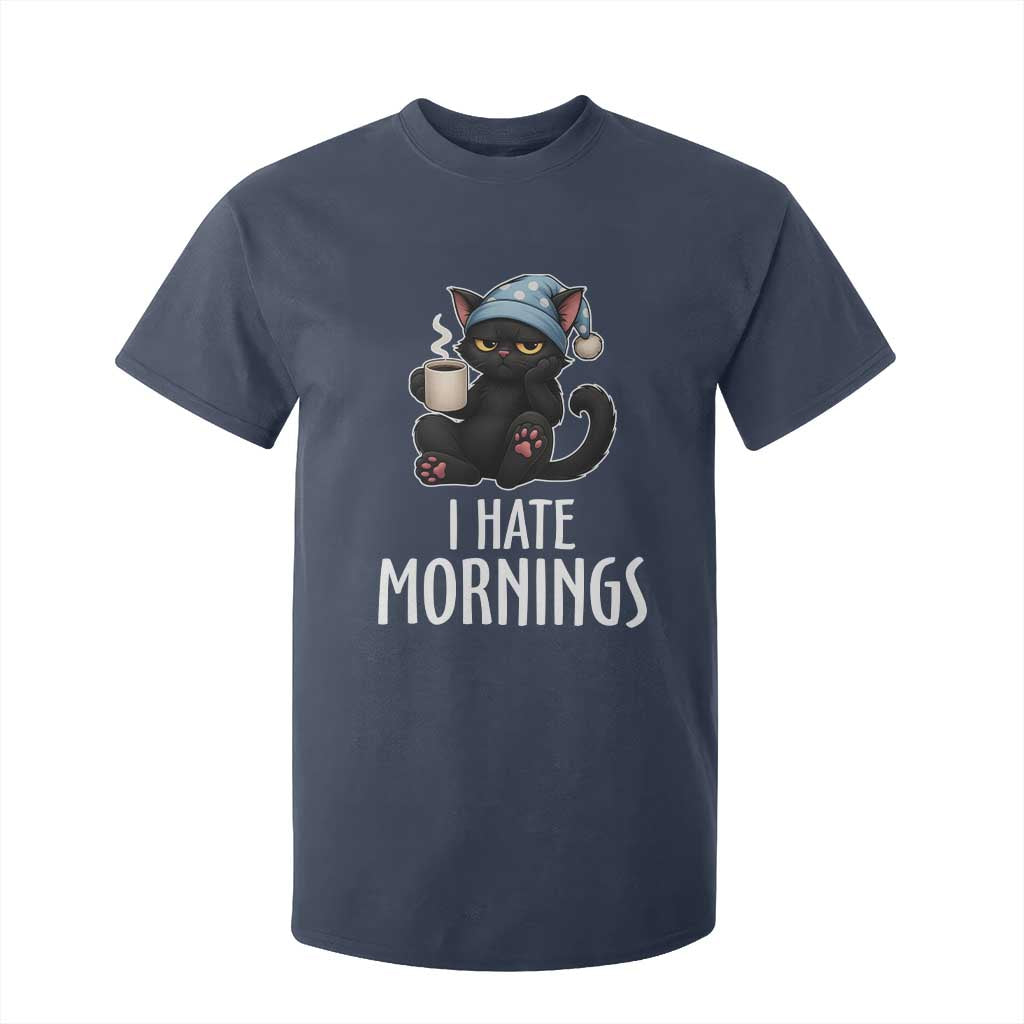 Funny I Hate Mornings T Shirt For Kid Cute Lazy Cat Drink Coffee TS12 Navy Print Your Wear
