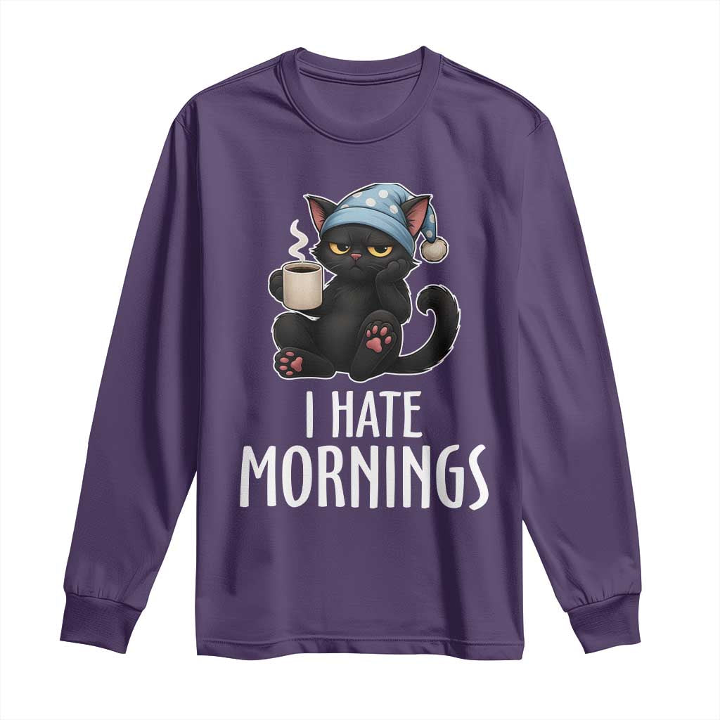 Funny I Hate Mornings Long Sleeve Shirt Cute Lazy Cat Drink Coffee TS12 Purple Print Your Wear