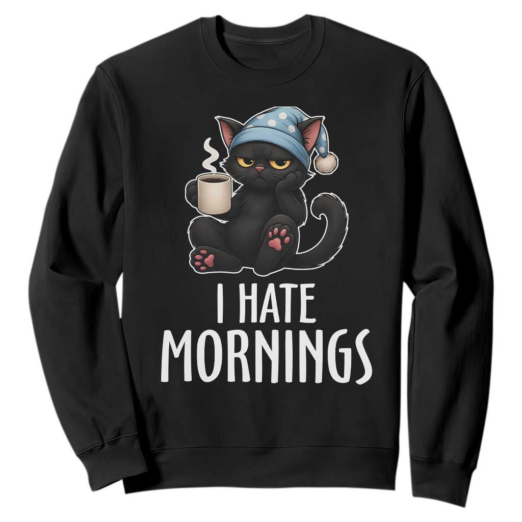 Funny I Hate Mornings Sweatshirt Cute Lazy Cat Drink Coffee TS12 Black Print Your Wear