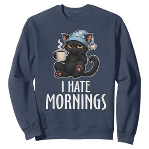 Funny I Hate Mornings Sweatshirt Cute Lazy Cat Drink Coffee TS12 Navy Print Your Wear