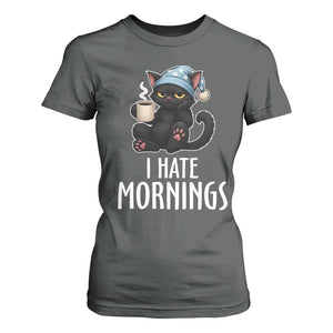 Funny I Hate Mornings T Shirt For Women Cute Lazy Cat Drink Coffee TS12 Dark Heather Print Your Wear