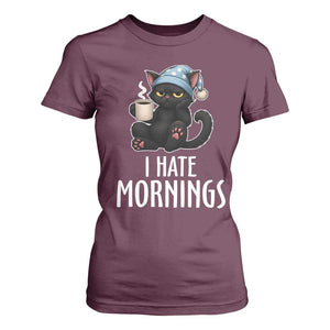 Funny I Hate Mornings T Shirt For Women Cute Lazy Cat Drink Coffee TS12 Maroon Print Your Wear