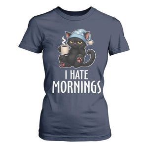 Funny I Hate Mornings T Shirt For Women Cute Lazy Cat Drink Coffee TS12 Navy Print Your Wear
