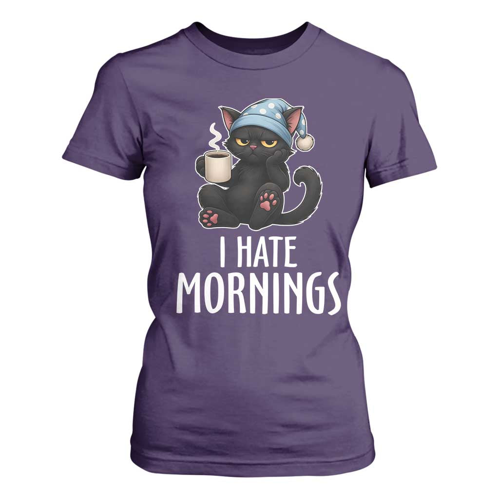 Funny I Hate Mornings T Shirt For Women Cute Lazy Cat Drink Coffee TS12 Purple Print Your Wear