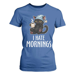 Funny I Hate Mornings T Shirt For Women Cute Lazy Cat Drink Coffee TS12 Royal Blue Print Your Wear