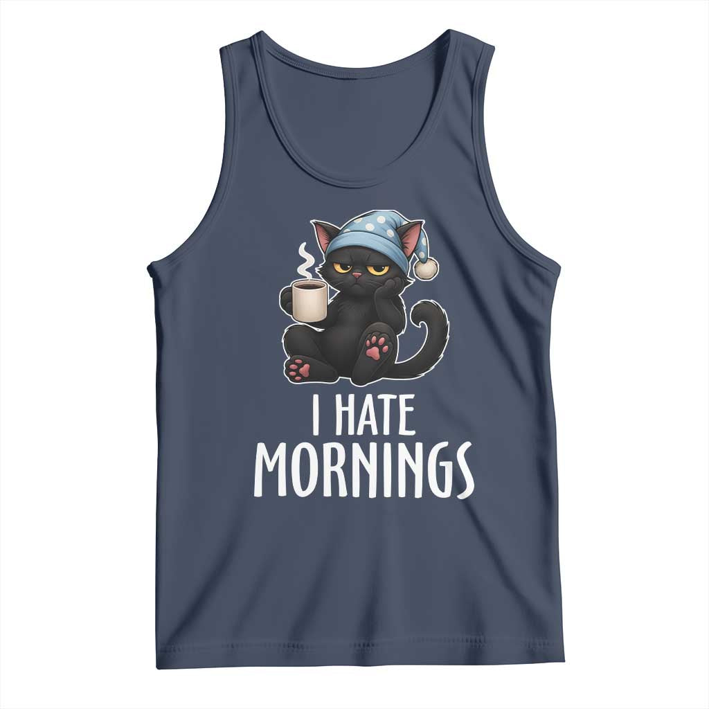 Funny I Hate Mornings Tank Top Cute Lazy Cat Drink Coffee TS12 Navy Print Your Wear