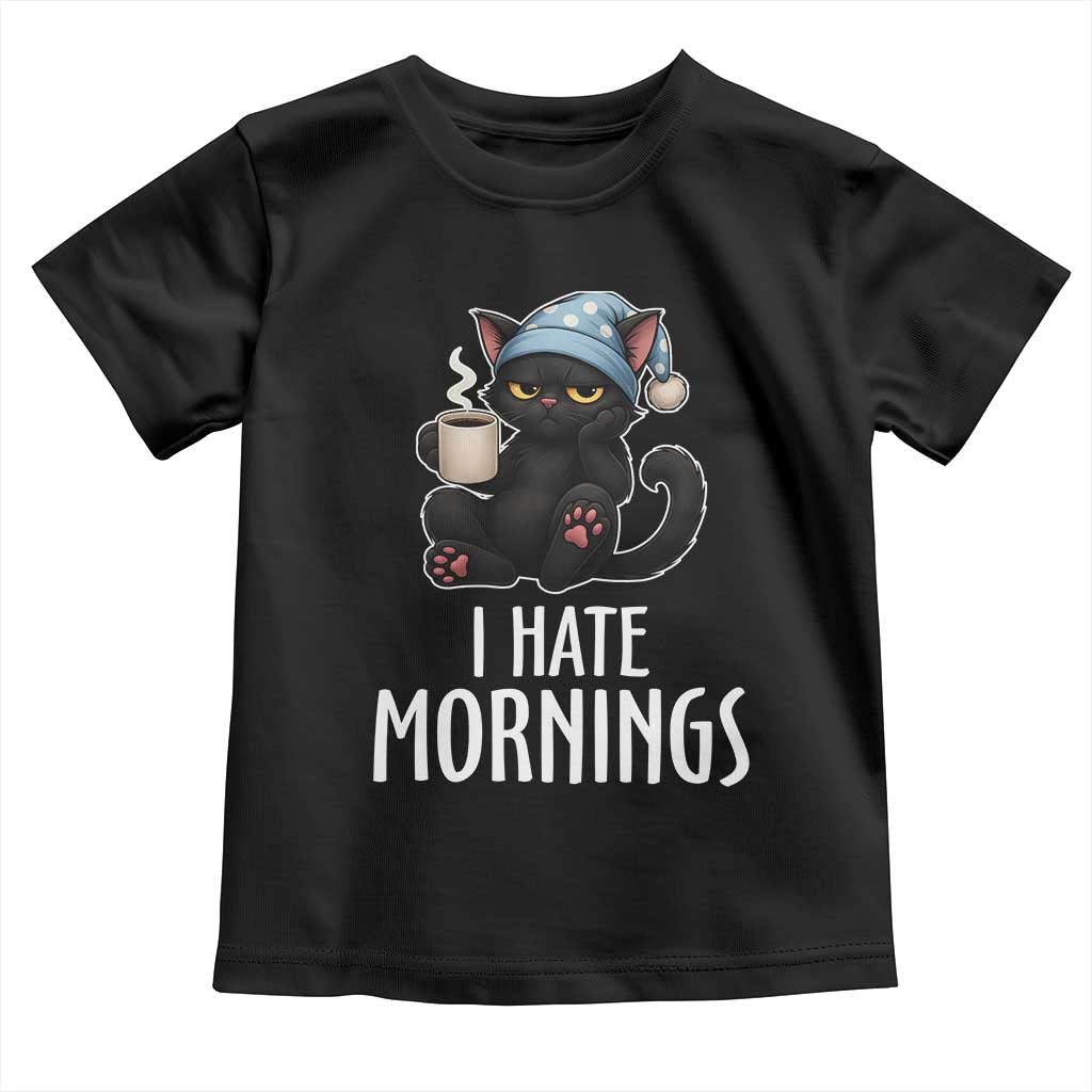 Funny I Hate Mornings Toddler T Shirt Cute Lazy Cat Drink Coffee TS12 Black Print Your Wear