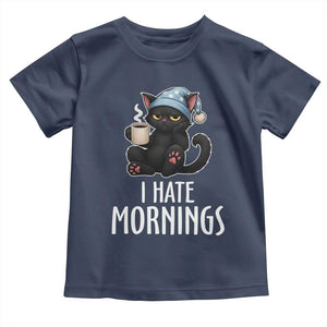 Funny I Hate Mornings Toddler T Shirt Cute Lazy Cat Drink Coffee TS12 Navy Print Your Wear