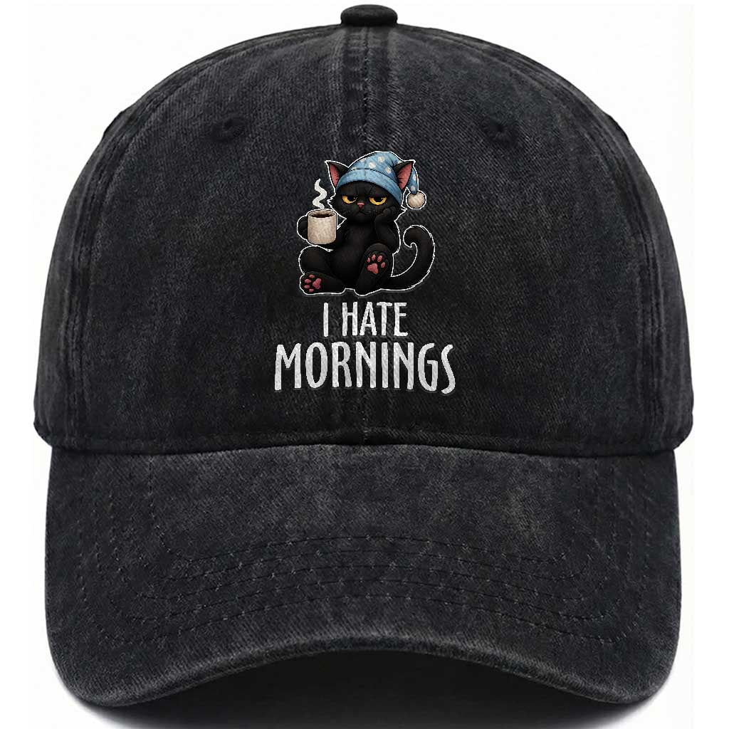Funny I Hate Mornings Washed Cotton Baseball Cap Cute Lazy Cat Drink Coffee TS12 Print Your Wear
