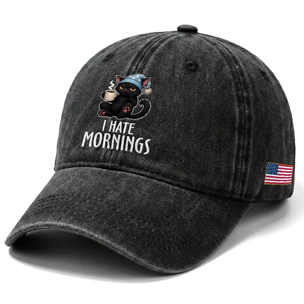 Funny I Hate Mornings Washed Cotton Baseball Cap Cute Lazy Cat Drink Coffee TS12 Print Your Wear