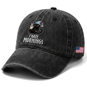 Funny I Hate Mornings Washed Cotton Baseball Cap Cute Lazy Cat Drink Coffee TS12 Print Your Wear