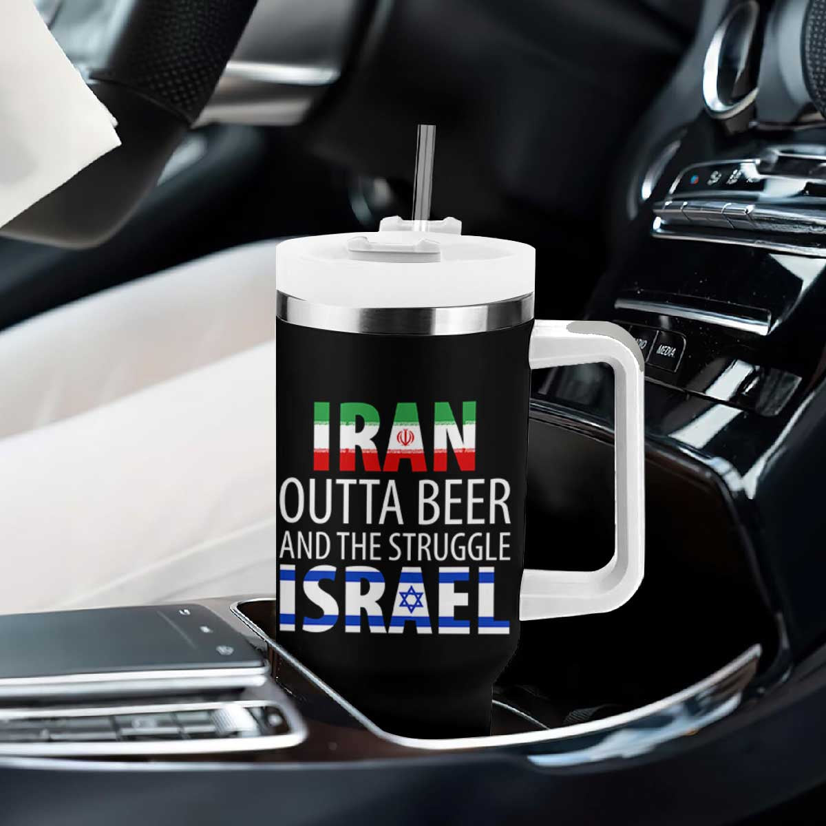 Funny Political Satire Tumbler With Handle Iran Outta Beer And The Struggle Israel