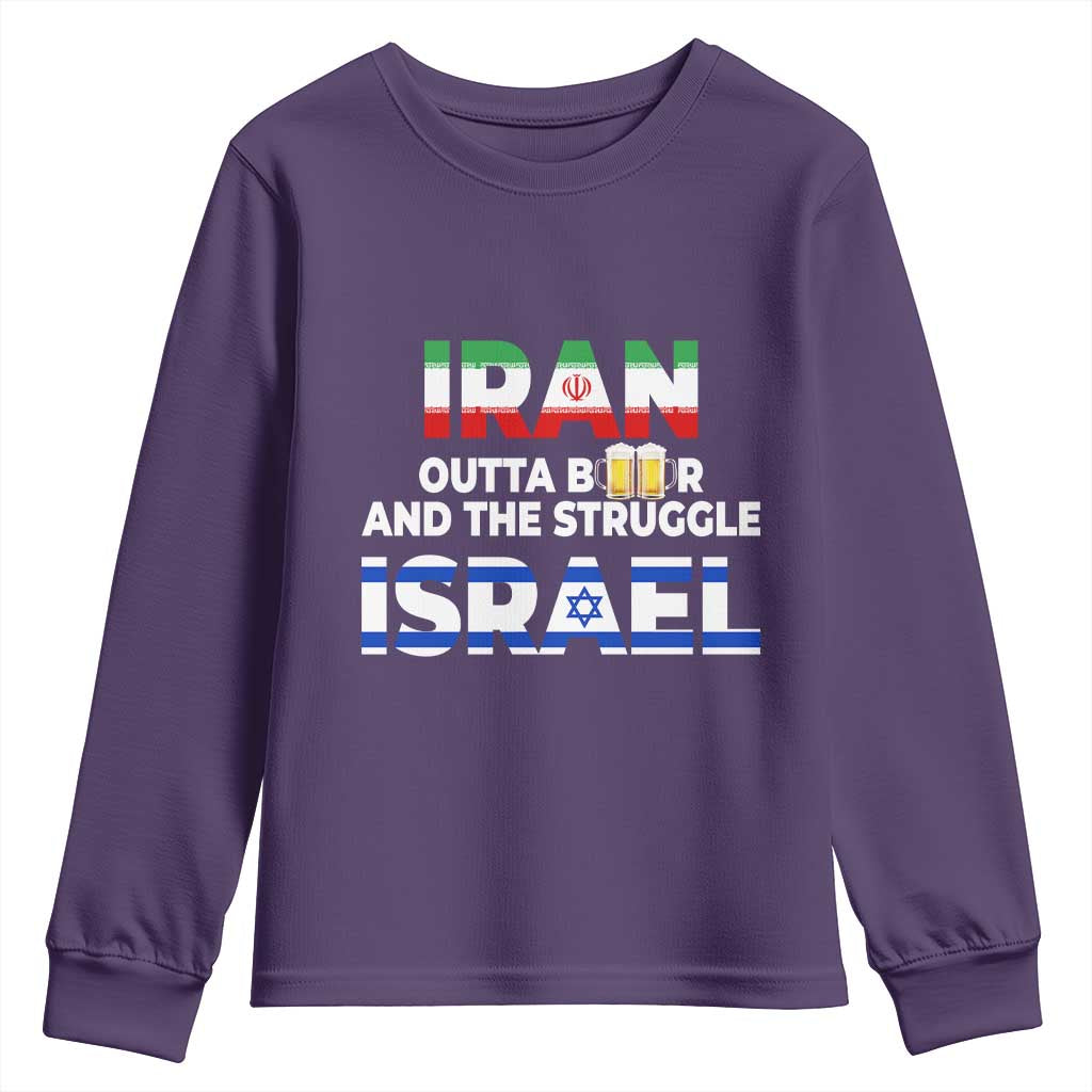 Funny Geopolitical Satire Iran Outta Beer Israel Struggle Youth Sweatshirt