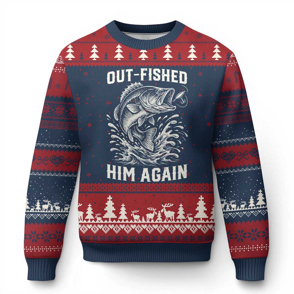 Out Fished Him Again Fisherman Angler Gift Ugly Christmas Sweater Funny Fishing Sayings TS12 Navy Red Print Your Wear