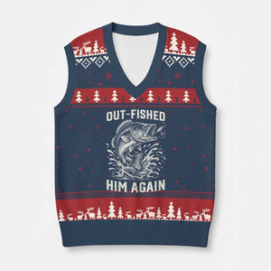 Out Fished Him Again Fisherman Angler Gift V-Neck Knit Sweater Vest Funny Fishing Sayings