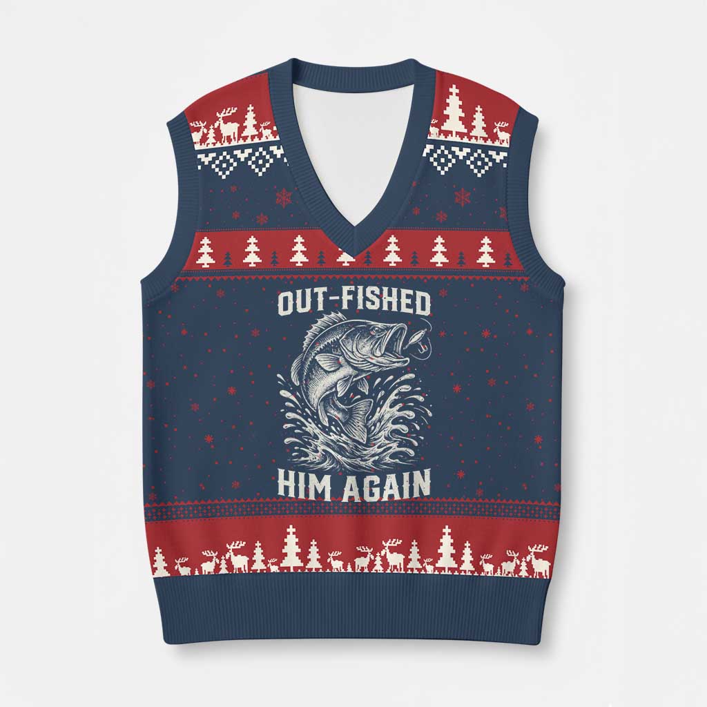 Out Fished Him Again Fisherman Angler Gift V-Neck Knit Sweater Vest Funny Fishing Sayings TS12 Navy Red Print Your Wear