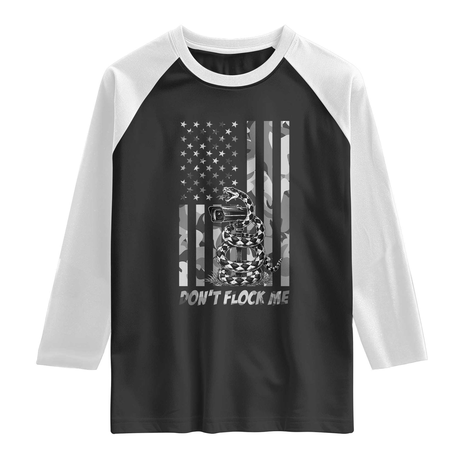 Rattlesnake Surveillance Camera US Flag Camo Graphic Raglan Shirt Dont Flock Me TS12 Black White Print Your Wear