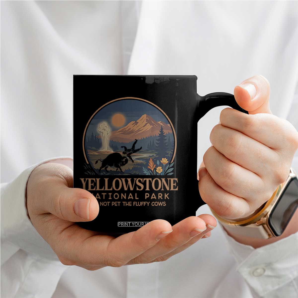 Yellowstone National Park Do Not Pet The Fluffy Cows Coffee Mug Amusing Bison Encounter Campsite Toss