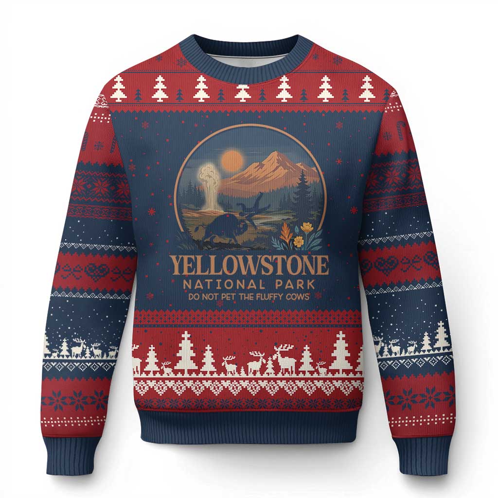 Yellowstone National Park Do Not Pet The Fluffy Cows Ugly Christmas Sweater Amusing Bison Encounter Campsite Toss TS12 Navy Red Print Your Wear